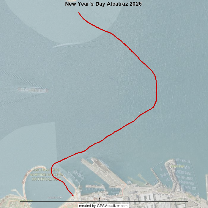 map of San Francisco Bay with track of swim route for New Year's Day Alcatraz swim